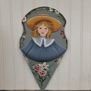Hand-Painted Folk Art on Tin Girl with Hat Wall Pocket